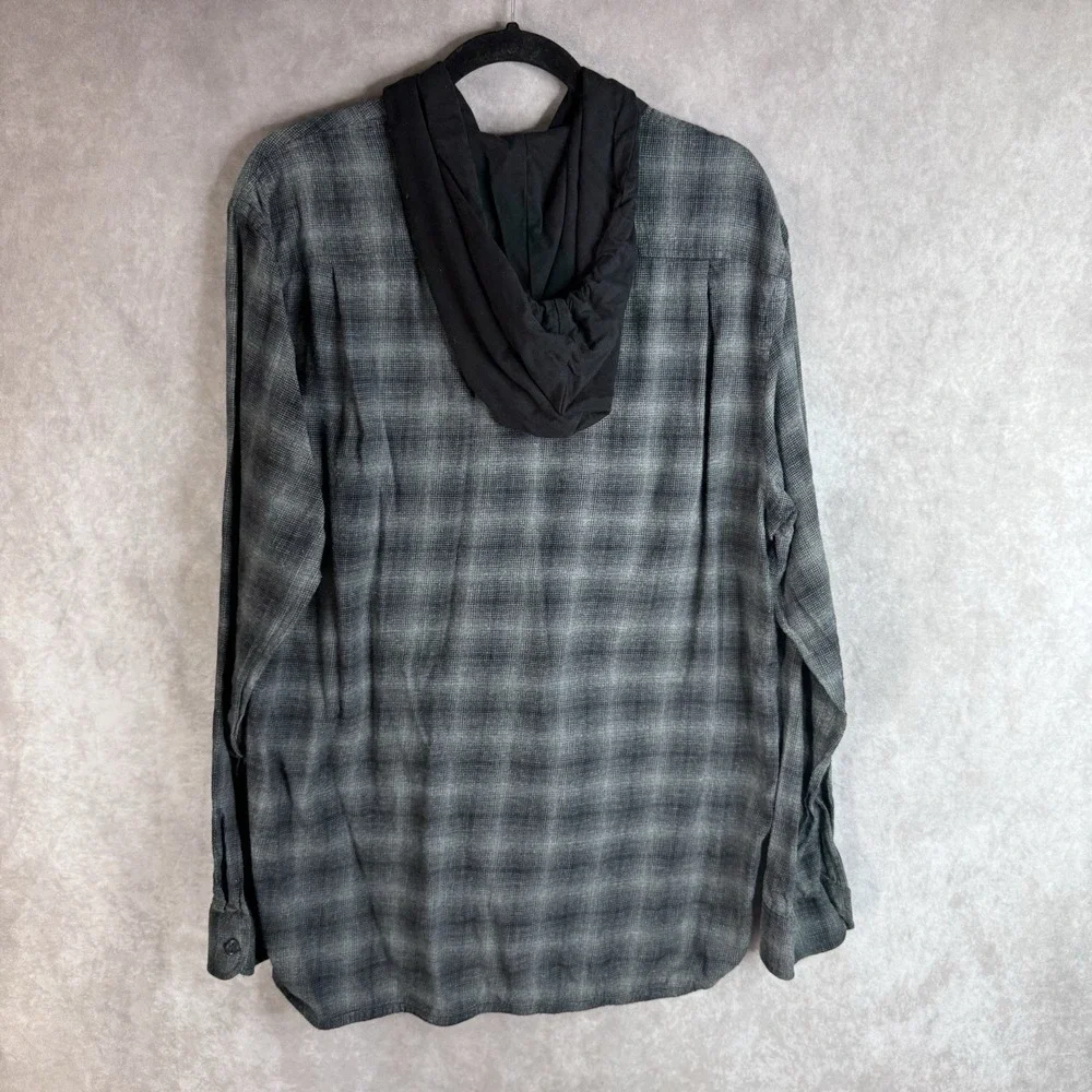 Vince Tonal Shadow Plaid Hoodie Button Down Shirt In Gray Black Men's‎ Size XL
